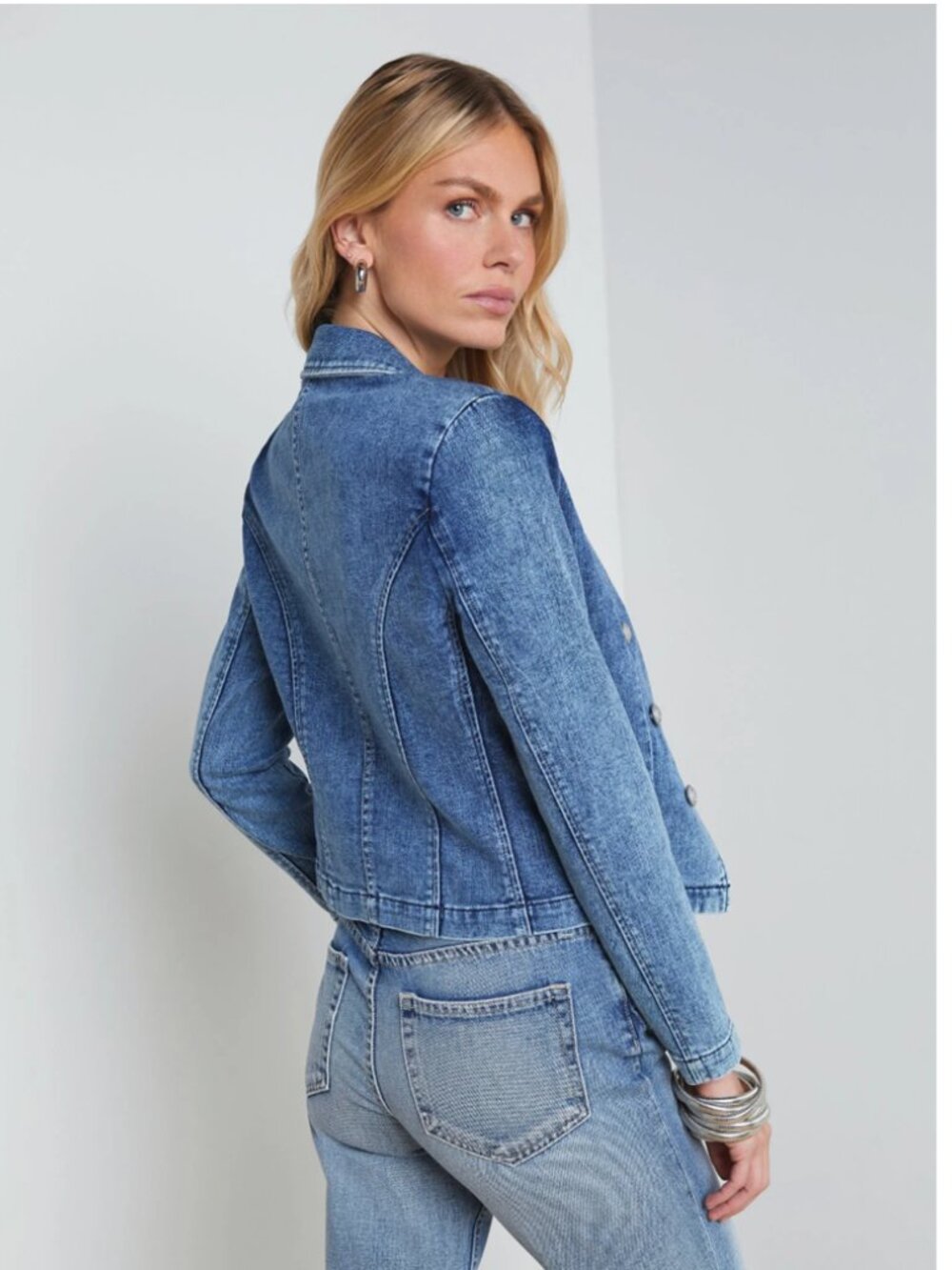 L'Agence Wayne Denim Cropped Blazer Jacket - Picture 6 of 16